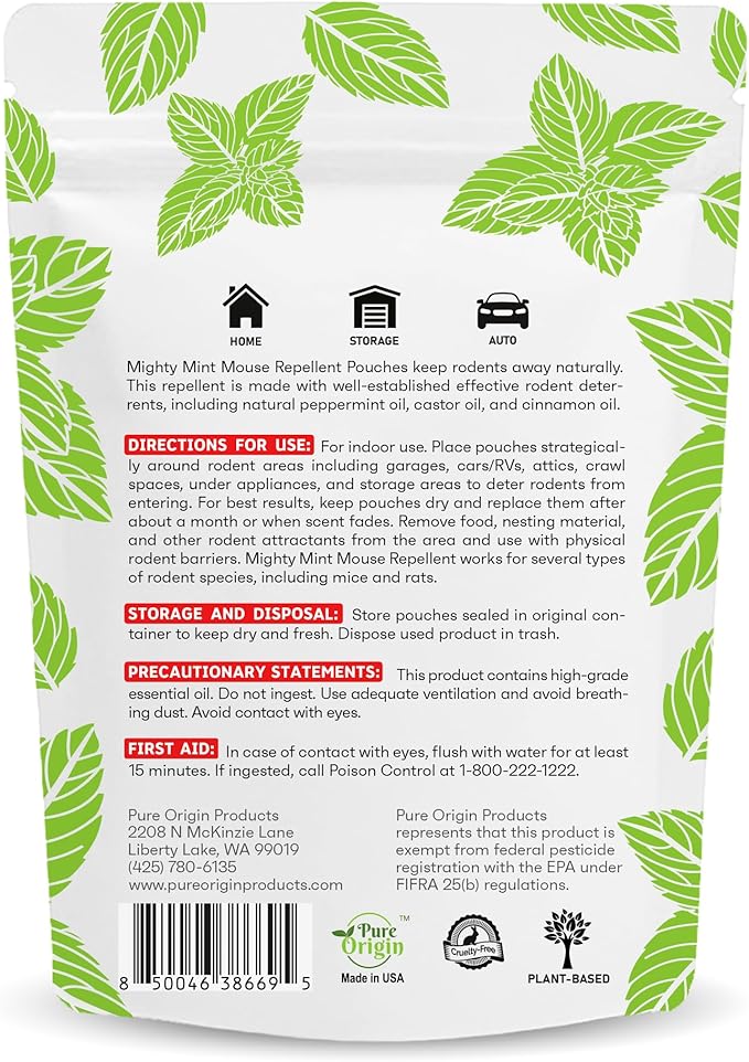 Mighty Mint Mouse Repellent Pouches – Peppermint, Castor Oil & Cinnamon Formula – Natural Indoor Deterrent for Mice and Rodents – Plant-Based, Long-Lasting Protection – 12 Count