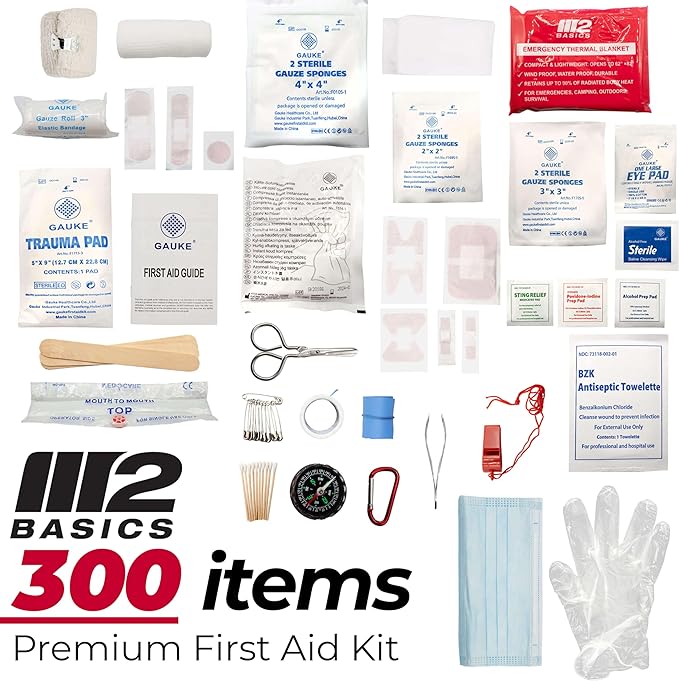M2 BASICS Premium 300-Piece Emergency First Aid Kit (40 Unique Items) for Home, Car, Business, Travel & Outdoors – Durable Carry Bag, Medical Supplies for Camping & Sports