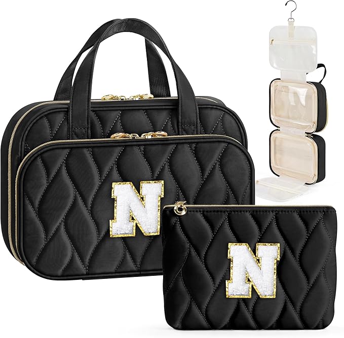 YOOLIFE Hanging Toiletry Bag for Women - Initial Travel Toiletry Large Capacity Personalized Bag for Traveling Women, Travel Essentials Gifts Black - N