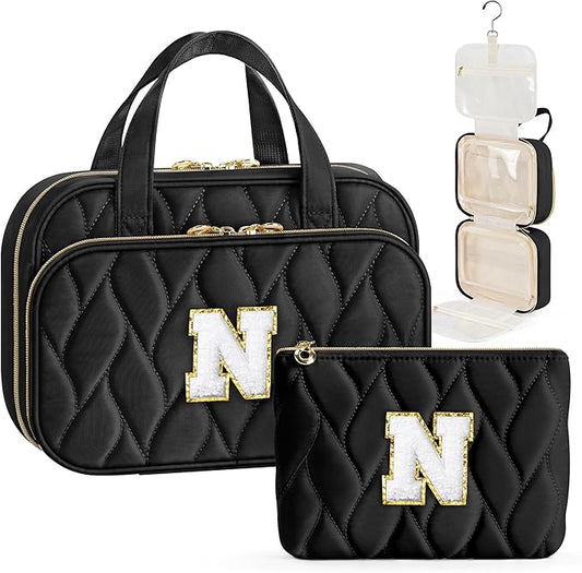 YOOLIFE Hanging Toiletry Bag for Women - Initial Travel Toiletry Large Capacity Personalized Bag for Traveling Women, Travel Essentials Gifts Black - N