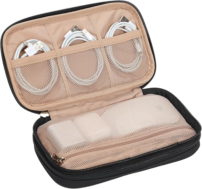 NISHEL Travel Cord Organizer Case, Double Layers Tech Electronic Bag, Essentials for Charger, Cable, Phone, Flash drive, Medium, Black