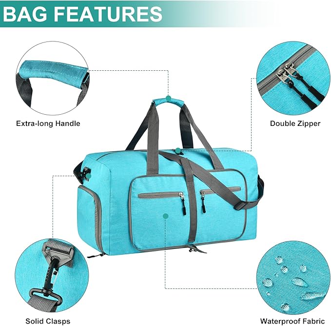 Dimayar 85L Travel Duffle Bag for Men Women - Foldable Duffel Bag with Shoes Compartment - Overnight Bags Waterproof & Tear Resistant(Mint Green)