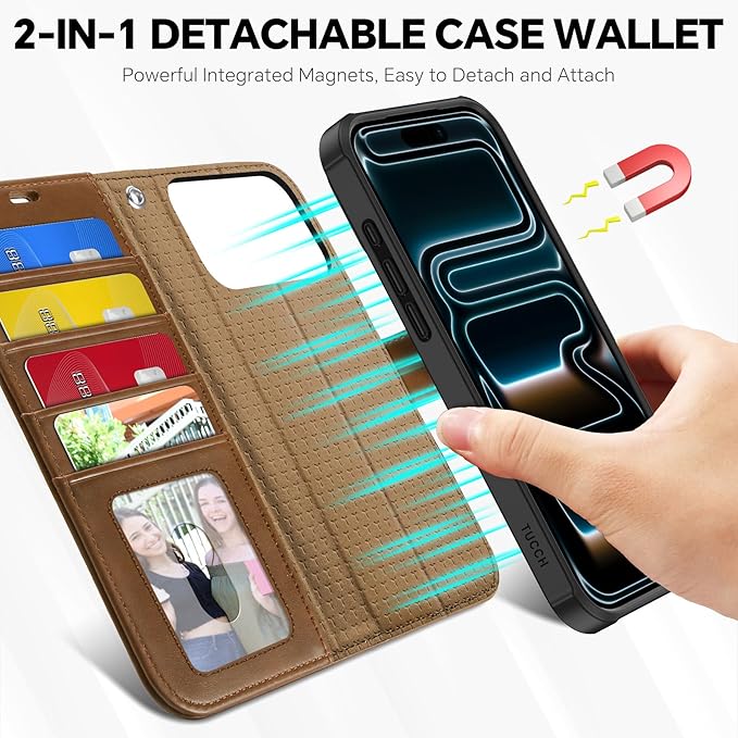 TUCCH Detachable Case Wallet for iPhone 17 Pro Max (6.9") 2025, Wrist Strap, 4 Card Holders RFID Blocking, Wireless Charging, Stand, 2-in-1 Magnetic, PU Leather, Shockproof Folio Cover, Brown