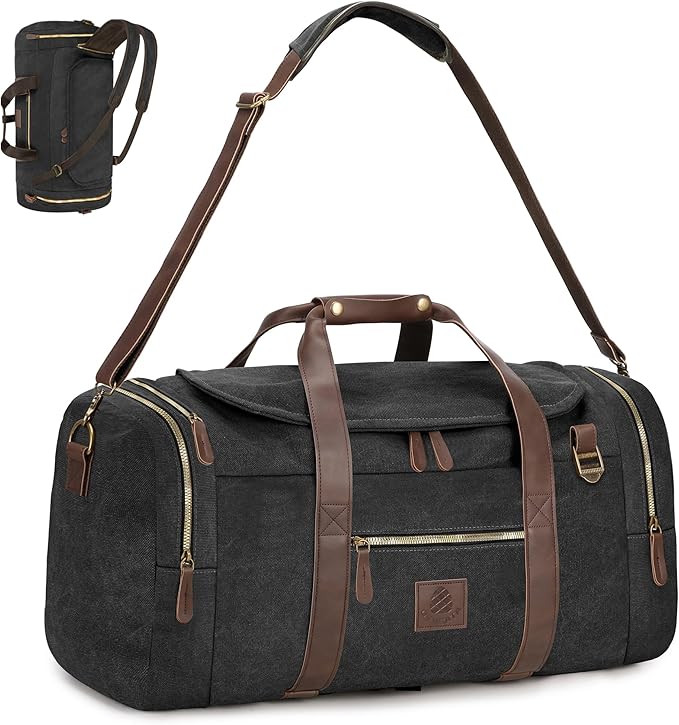 Vintage Canvas Duffle Bag, 50L Genuine Leather Travel Duffel Backpack Multifunctional Overnight Weekender Bag with Shoes Compartment Men (Black)