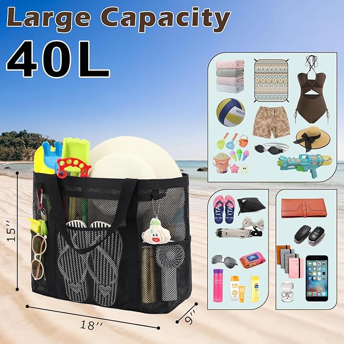 Mesh Beach Bag, Large Beach Tote with Zipper Pocket for Family Pool Bag for Toys & Vacation Essentials