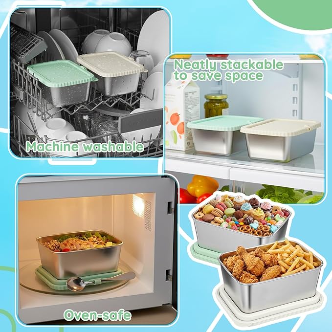 Acellegic Stainless Steel Snack Containers with Silicone Lids, 15 oz Reusable Food Storage Deli Containers for Meal, Leak Proof, Easy Open BPA Free Daycare and School(Beige, Green,2 Pack)
