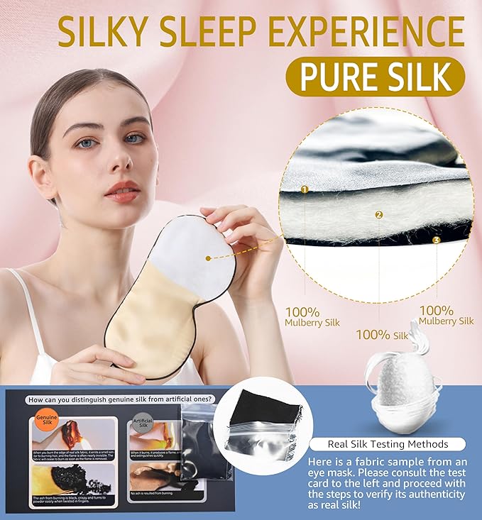 Luxury Pure Silk Sleep Mask | 100% Natural Mulberry Silk | Double-Sided Softness | Adjustable Strap & Full Light Blocking | Perfect for Travel, Office Naps & Nighttime Sleep (Champagne)