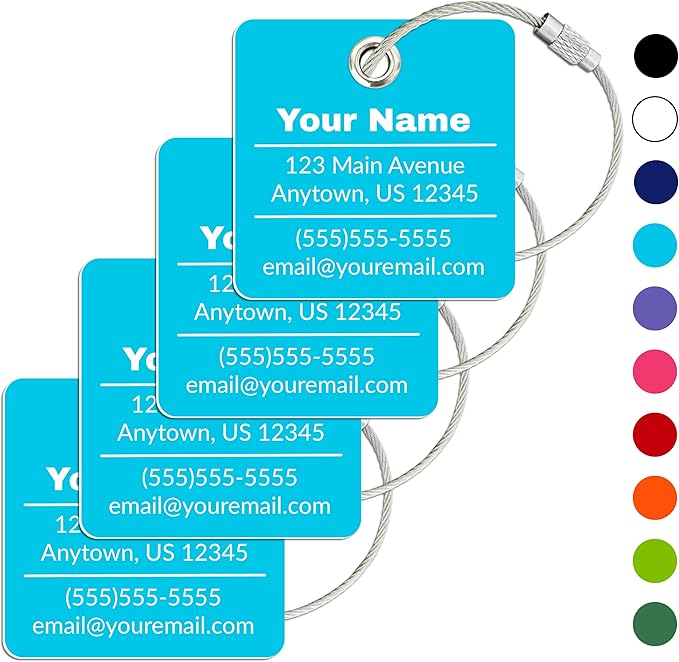 Personalized Luggage Tag | 4 Pack | Custom Luggage Tags for Suitcases | Kids Backpack Tag | 10 Color Options & Choose Font, Font Color