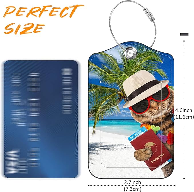 2 Pack Luggage Tag for Suitcase Funny Cat Passport Leather Travel Cruise Luggage Tag with Stainless Steel Loop Name ID Label Privacy Cover for Adults Teens Travel Bag Labels Set
