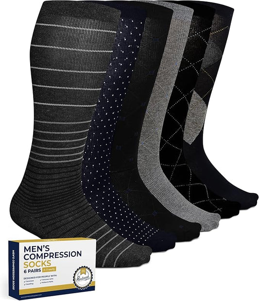 Pembrook Light Compression Socks for Men - 6 Pairs | 8-15 mmHg Graduated Compression Socks for Men 9-12 | Support Socks