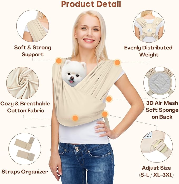 AnccoPlus Dog Carriers for Small Dogs, Front Facing Dog Sling Carrier, Hands Free Cat Carrier, Size Adjustable, Reducing Back Pain, Premium Cotton, Safe and Soft Dog Carrier (Plus, Beige)