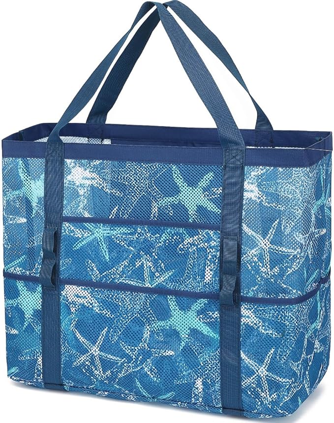 Mesh Beach Bag, Large Beach Tote with Zipper Pocket for Family Pool Bag for Toys & Vacation Essentials