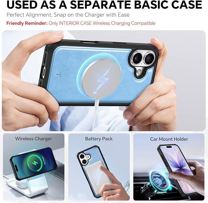 TUCCH Removable Case Wallet for iPhone 17 (6.3") 2025, Detachable Wrist Strap, Wireless Charging, Stand, 4 Card Holders RFID Blocking, 2-in-1 Magnetic, PU Leather Shockproof Cover, Pearly Light Blue