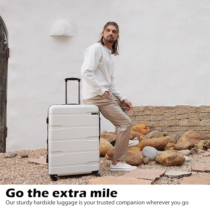 Coolife Luggage PC+ABS Hardshell Suitcase with TSA Lock, Spinner Checked Lightweight (White, 24in)