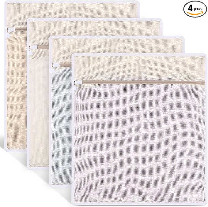 4Pcs Durable Cotton Mesh Laundry Bags for Delicates, 16×20inch Large Breathable Laundry Mesh Wash Bags with Sturdy Zipper for Delicates, Clothes, Pants, Underwear, Bra, Socks (L)