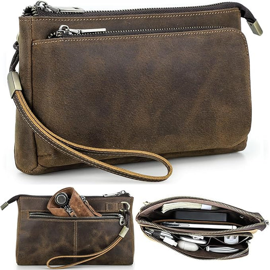 Electronic Organizer Zipper Bag Tech Kit, Top Grain Leather Handmade, Portable Compact Travel Apple Accessories Storage Pouch Fits Phone, USB Cables, Power Banks, Chargers, Hard Drive