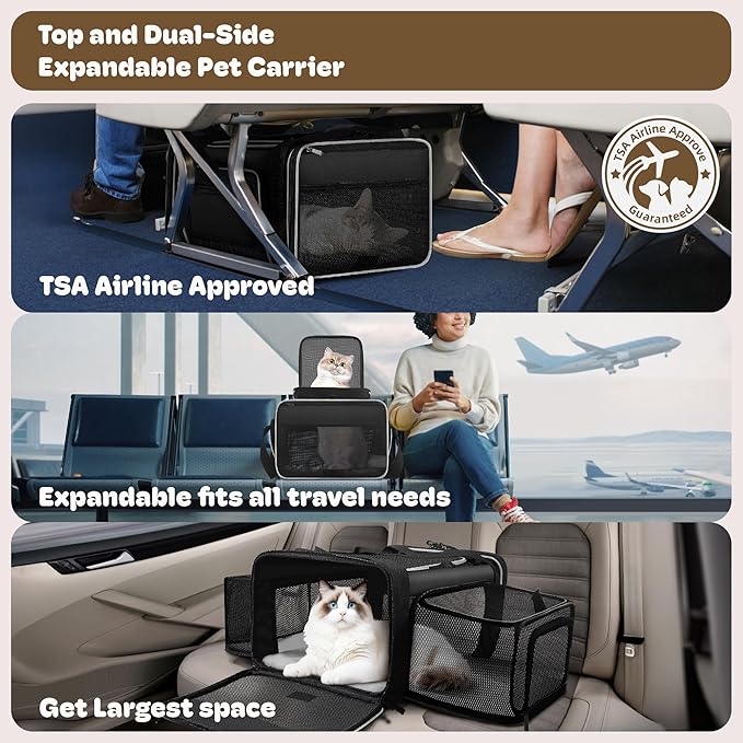Top and 2 Sides Expandable Large Cat Carrier 18x13.5x9.5, TSA Airline Approved Dog Carriers for Large Dogs, Soft-Sided Pet Carrier with Self-Locking Zippers for Kitten,Rabbit,Puppy, Black White