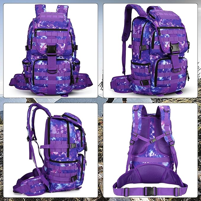 HongXingHai 50L Military Tactical Backpack 3 Day Assault Pack Molle Daypack Hiking Backpack for Men and Women (Purple Tie-Dye)