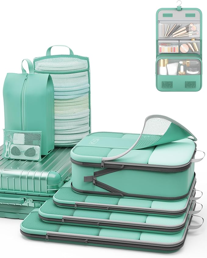 8 Set Compression Packing Cubes for Travel Essentials,Compressible Expandable Packing Cubes for Suitcase,OlarHike Luggage Organizer Bags for Travel,Handy Helper for Organizing Clothes(New Blue Green)