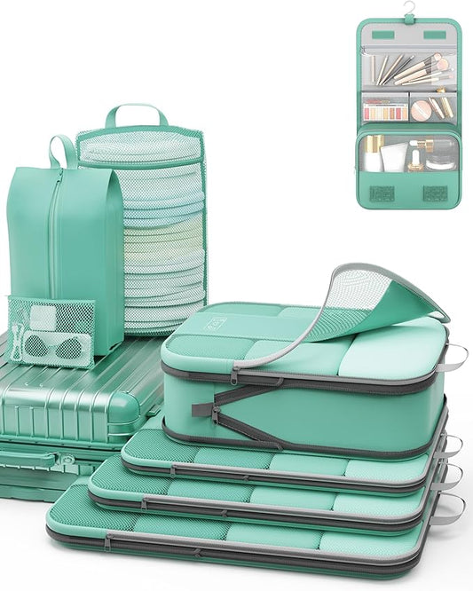 8 Set Compression Packing Cubes for Travel Essentials,Compressible Expandable Packing Cubes for Suitcase,OlarHike Luggage Organizer Bags for Travel,Handy Helper for Organizing Clothes(New Blue Green)