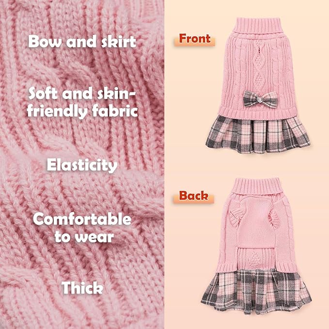 YUDODO Valentines Small Dog Sweater Dress with Bowtie Turtleneck - Knitted Pet Girl Dog Winter Clothes - Pet Warm Sweater for Puppy Yorkies, Chihuahua (M Pink)