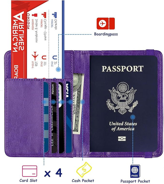 TOURSUIT RFID Blocking Passport Holder for Women Men, Leather Passport Travel Wallet with Metal 3D Metal Badge, Travel Document Holder Cover Accessories (Purple)