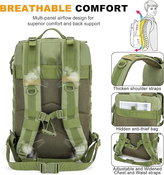 Tactical Backpack 45L Military Rucksack, Water Resistant MOLLE Assault Pack, Large 3 Day Bug Out Bag for Men & Women, Durable Outdoor Gear for Hiking, Camping, Hunting, Travel (ArmyGreen)