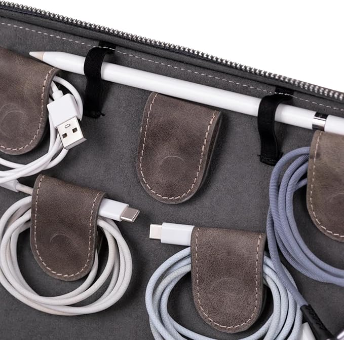Medicine Handmade Leather Cable Organizer Bag – Full-Grain Leather Travel Tech Case for Cords, Chargers & Accessories – Zippered Storage for Men & Women (Gray)