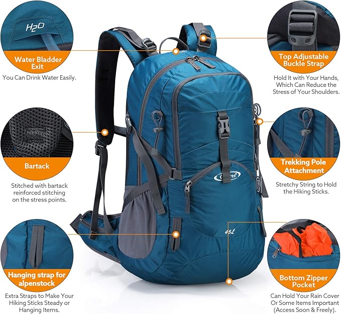 G4Free 45L Hiking Travel Backpack Waterproof with Rain Cover, Outdoor Camping Daypack for Men Women (Grey Blue)