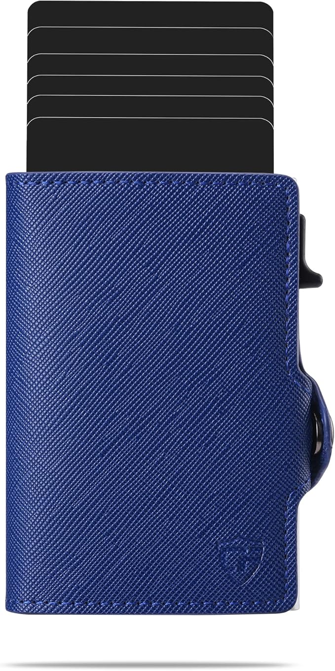 Womens Slim Wallet for Small Purses, Pop Up Wallet with Anti Theft RFID Blocking Credit Card Holder for Women in Navy Blue PU Saffiano