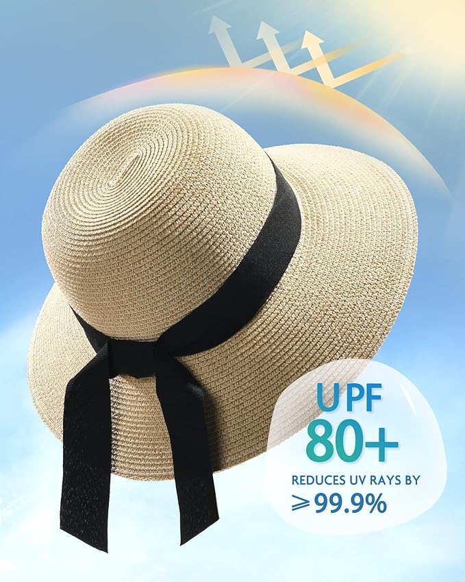 FURTALK Womens Beach Sun Straw Hat UV UPF 80+ Travel Foldable Brim Summer UV Hat