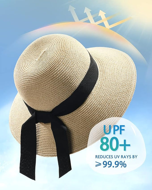FURTALK Womens Beach Sun Straw Hat UV UPF 80+ Travel Foldable Brim Summer UV Hat