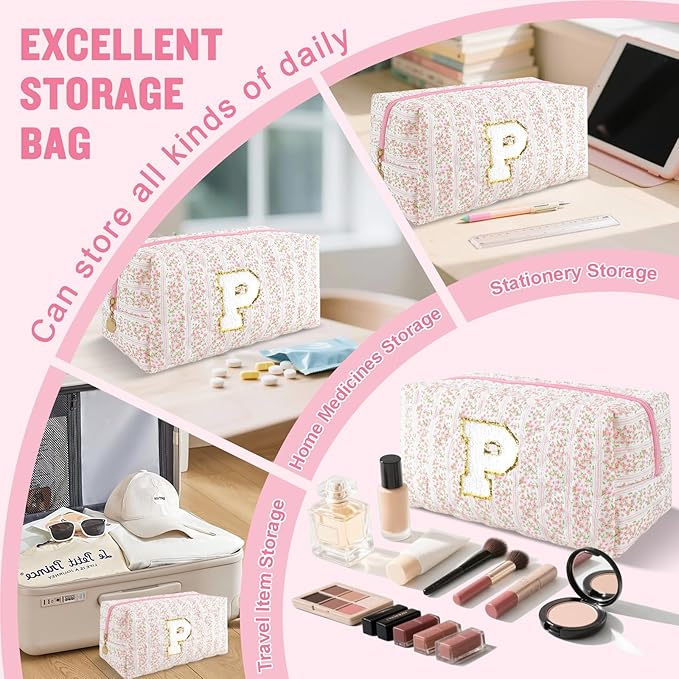 Personalized Quilted Cosmetic Bag, Puffy Monogrammed Christmas Birthday Gifts for Women & Girls, Cute initial Floral Makeup Bag Puffer Coquette Bag, Aesthetic Travel Toiletry Zipper Pouch(Pink,P)