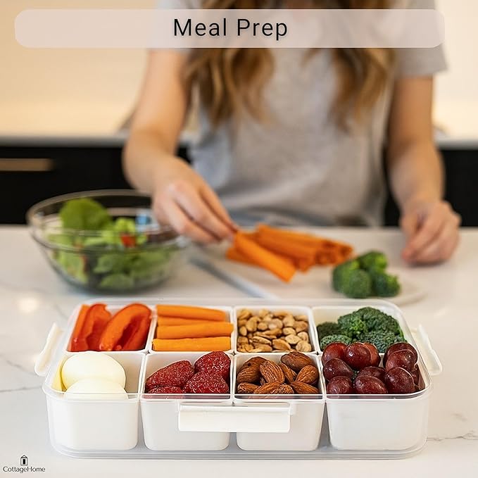 Snackle Box Container with 8 Removable Compartments - 2 Pack Divided Serving Tray with Lid and Handle for Candy, Fruits, Veggies, Nuts, Snacks - Dishwasher Safe, Reusable Travel Snack Box