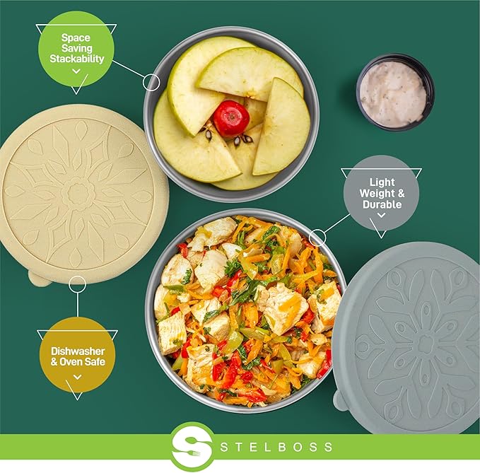 Stelboss Stainless Steel Containers with Lids, Set of 5, Leakproof Stainless Steel Food Containers, Metal Food Storage Container, Stackable Toddler Snack Containers, Lunch Box Containers