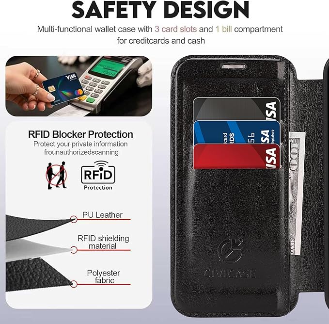 CIVICASE for iPhone 13 Pro Max Wallet Case with Stand,PU Leather Flip Credit Card Holder Slots (RFID Blocking),Compatible with Magsafe Magnetic Holder Phone Cover Women Men,Black