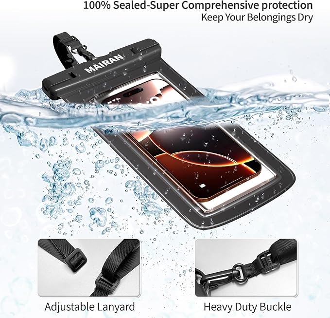 IPX8 Waterproof Phone Pouch Case 2Pack, Water Proof CellPhone Dry Bag for iPhone 16 15 14 13 12 11 Pro Max Plus XS, Galaxy S24 S23 4-7" Protector & Travel Essentials for Beach, Pool, Cruise-Black
