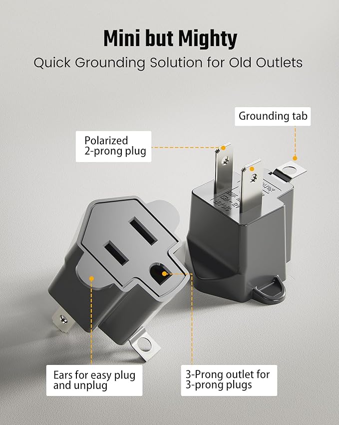 2 Prong to 3 Prong Outlet Adapter, ETL Listed 3-2 Prong Adapter, Fire-Retardant (392℉) PBT Material, Heavy Duty Wall Plug Adapter for Old Homes, Travel to Japan, and Industrial Use, Gray 4-Pack