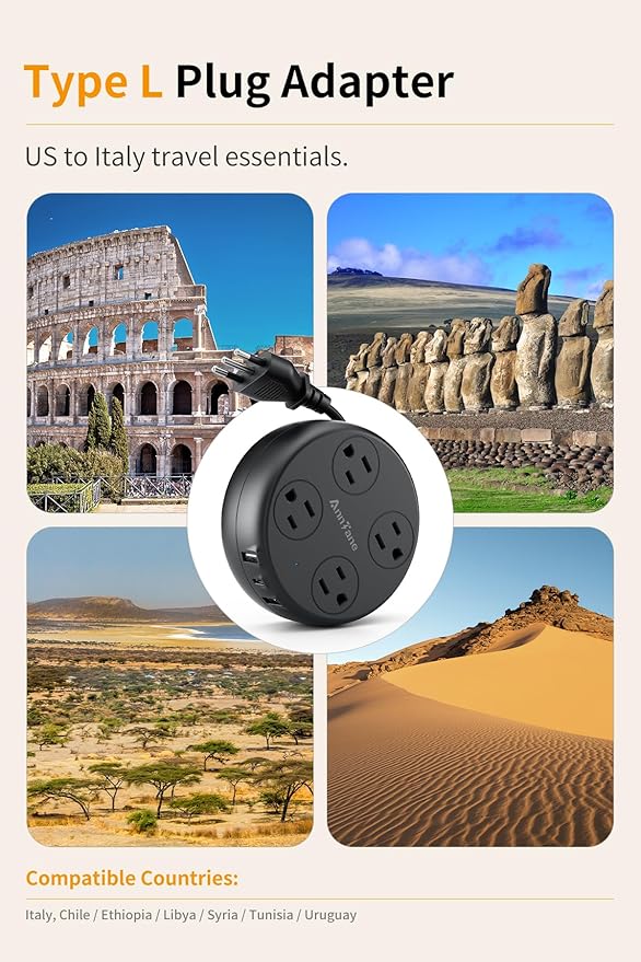 Italy Travel Adapter with USB C, US to Italy Plug Adapter with 4 Outlets 3 USB Ports, Type L Power Adapter for US to Chile Ethiopia Libya Syria Tunisia Uruguay (Black)