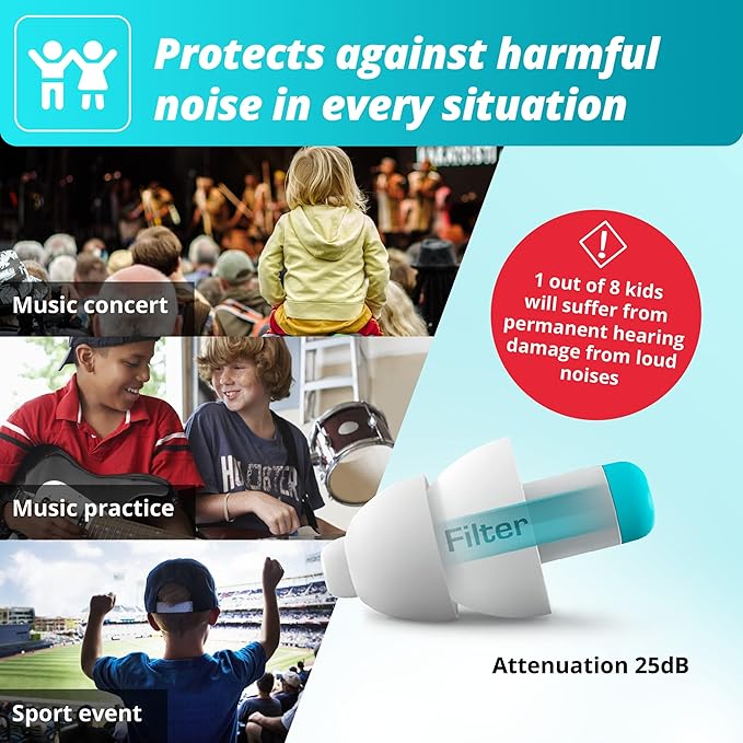 Alpine Pluggies Kids Ear Plugs for Small Ear Canals – Noise Cancelling Earplugs Age 5–12 – Multi-Purpose Ear Protection for Sleep, Flying, School, Swimming – 25dB Reusable Hypoallergenic Filters