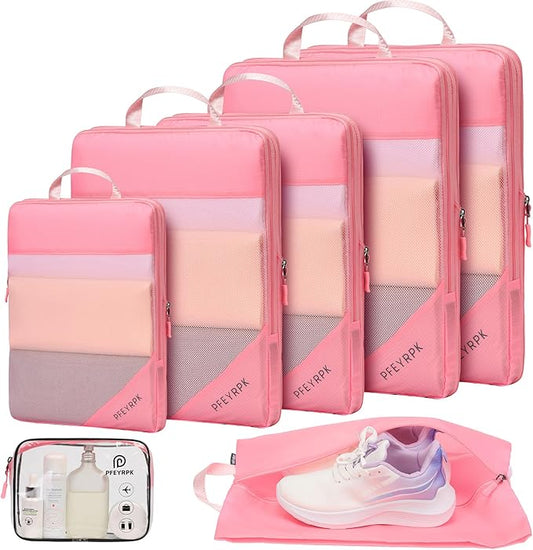 Lightweight Compression Packing Cubes for Suitcases, Compressible Expandable Travel Packing Organizer with Clear Toiletries and Backpack Bag, Travel Essentials for Carry on Luggage 7 Set