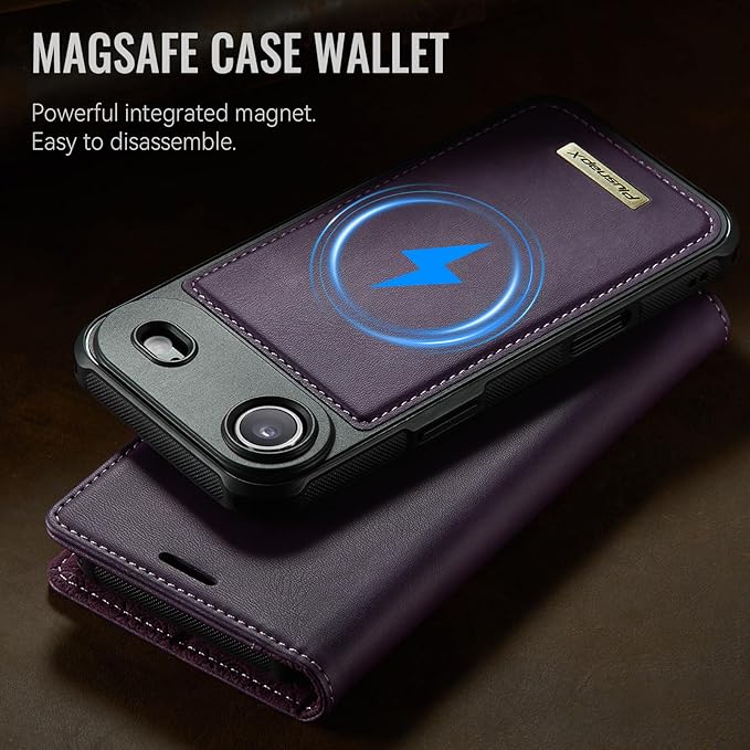 PlusnapX Wallet Case for iPhone Air Compatible with Magsafe, 2-in-1 PU Leather Flip RFID Blocking Card Holder Stand ShockAirof Magnetic Detachable Cover for iPhone 17 Air Case 6.5", Retro Purple