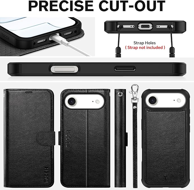 TUCCH Detachable Case Wallet for iPhone Air (6.5") 2025, Removable Wrist Strap, Wireless Charging, Stand, 4 Card Slots RFID Blocking, 2-in-1 Magnetic, PU Leather, Protective Cover, Textured Black