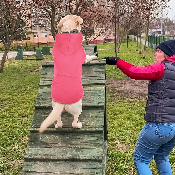 Dog Sweaters,Dog Hoodie,Cozy Fleece Interior Sweatshirt with Hood & Pocket,Leash Hole,Pet Clothes Sweater for Small,Medium,and Large Dogs,Pink&2XL