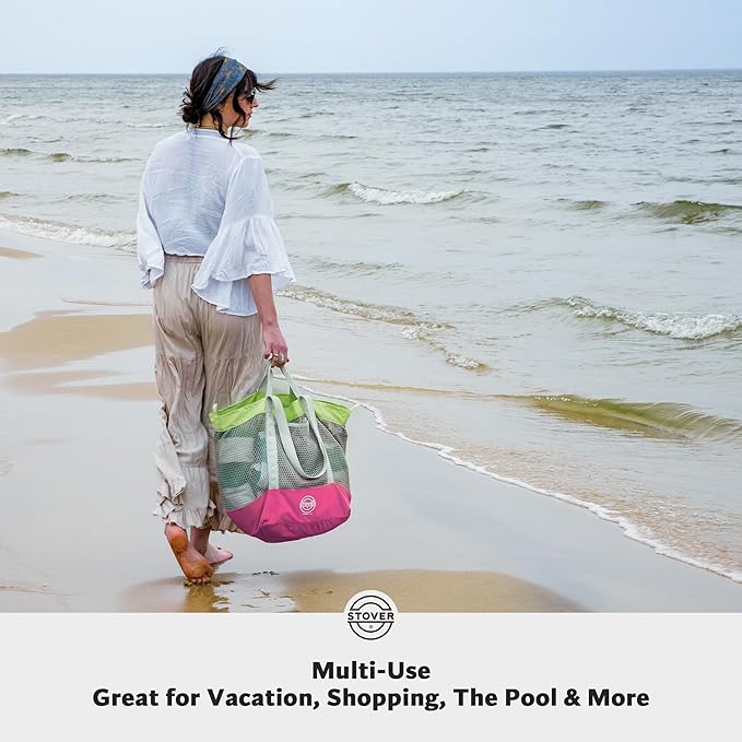 STOVER Large Mesh Beach Bag, Vacation, Pool, Shopping, & Travel Tote - Foldable w/Storage Pockets for Women, Men & Families
