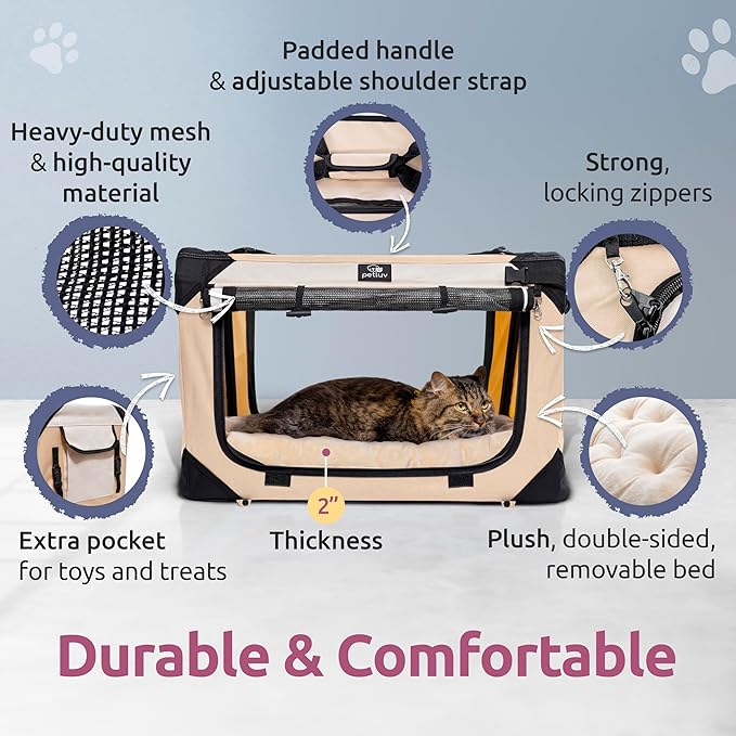 Cat & Dog Pet Carrier, Soft-Sided, Large 24"x16"x16", Fits Large Cat, 2 Cats, or Medium Dog Comfortably, Great for Travel & Vet Visits, Privacy Windows, Removable Bed, Locking Zippers, Foldable