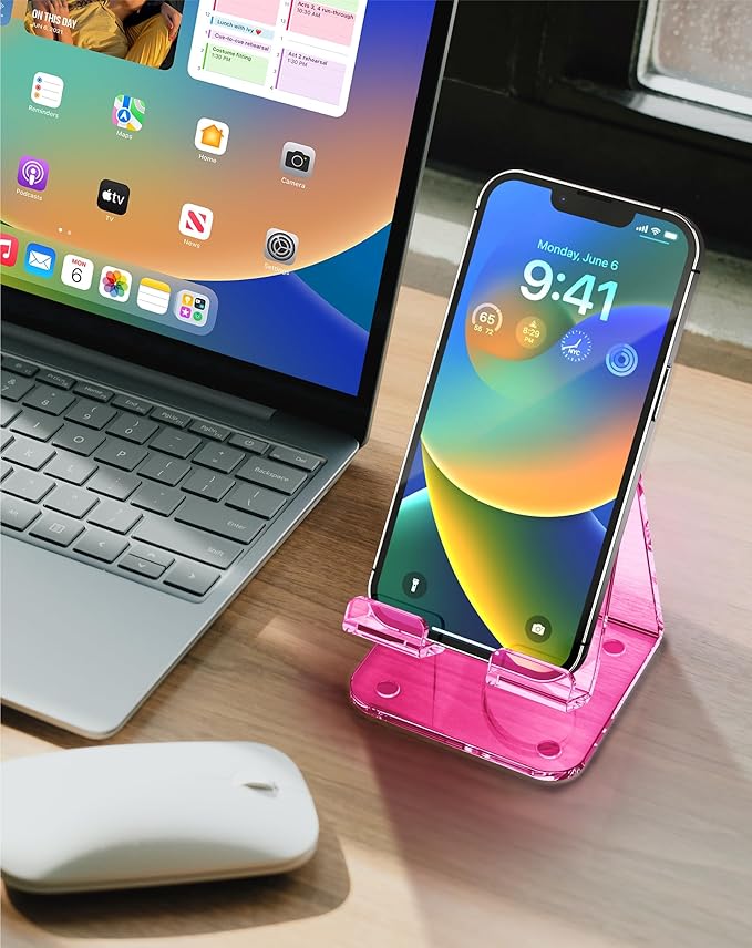 TOPGO Acrylic Cell Phone Stand, Clear Phone Holder for Office Desk, Vanity, Kitchen Counter, Bedside Table, Compatible with iPhone 17 16 15 14 13 12 11 Pro Max Plus/Smartphones/iPad/Switch - Rose Red