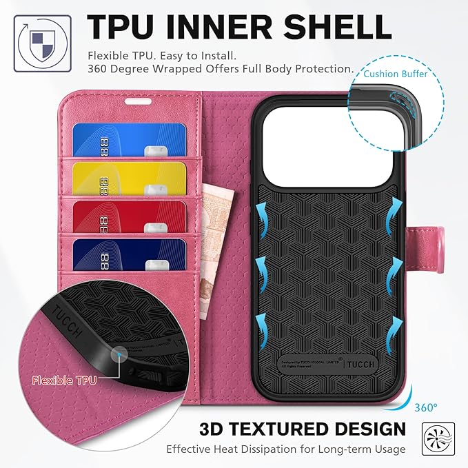 TUCCH Wallet Case for iPhone 17 Pro (6.3") 2025, 4 Card Slots | RFID Blocking | Stand | Shockproof TPU Shell | PU Leather | Magnetic Closure | Protective Flip Folio Cover | Hot Pink