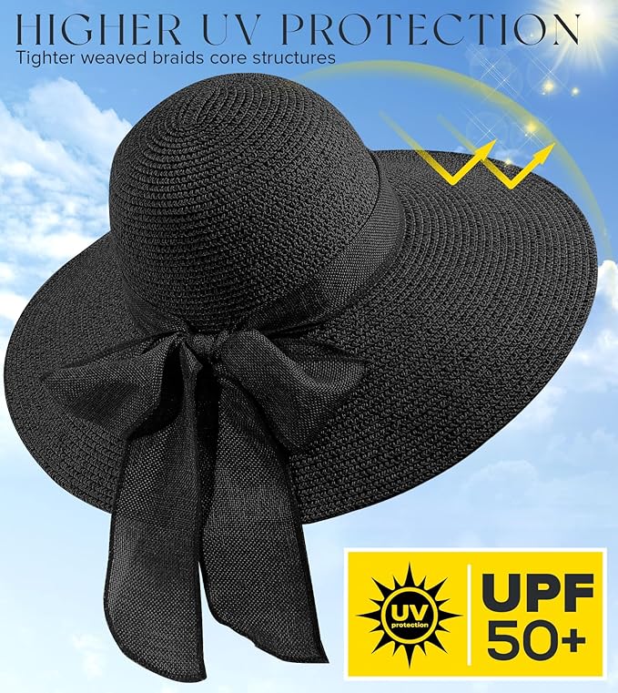 Beach Sun Hats for Women,Wide Brim Straw Hat Floppy Packable UPF 50+ UV Protection with for Summer