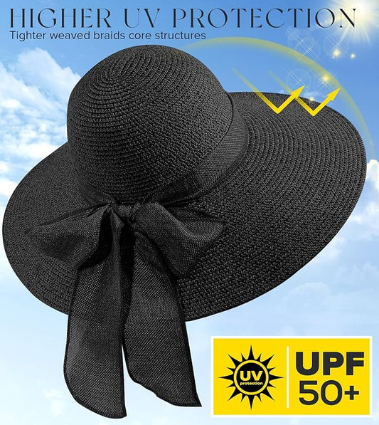 Beach Sun Hats for Women,Wide Brim Straw Hat Floppy Packable UPF 50+ UV Protection with for Summer